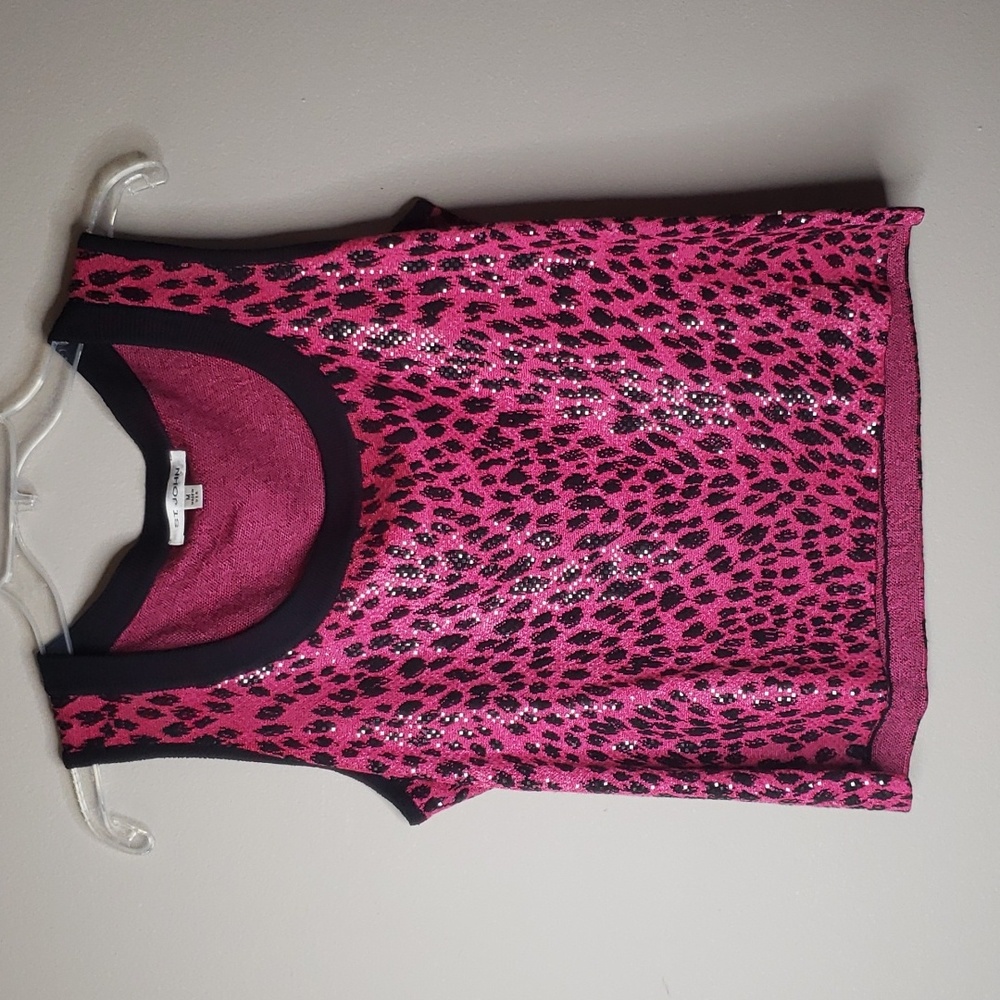 ST. JOHN Barbie Pink Animal Leopard Print with Sequence Black Trim Top Med